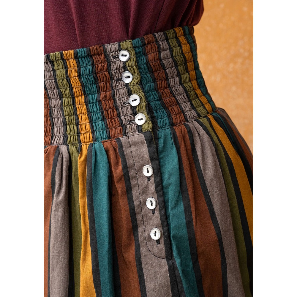 Gudrun Sjoden Akira 100% Organic Cotton Woven Striped Smocked Midi Boho Skirt M - Picture 2 of 11